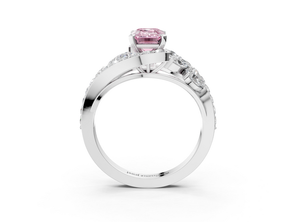 White gold Fancy Pink Emerald  Diamond Halo Ring with Marquise and Pavé Band in Prong Setting