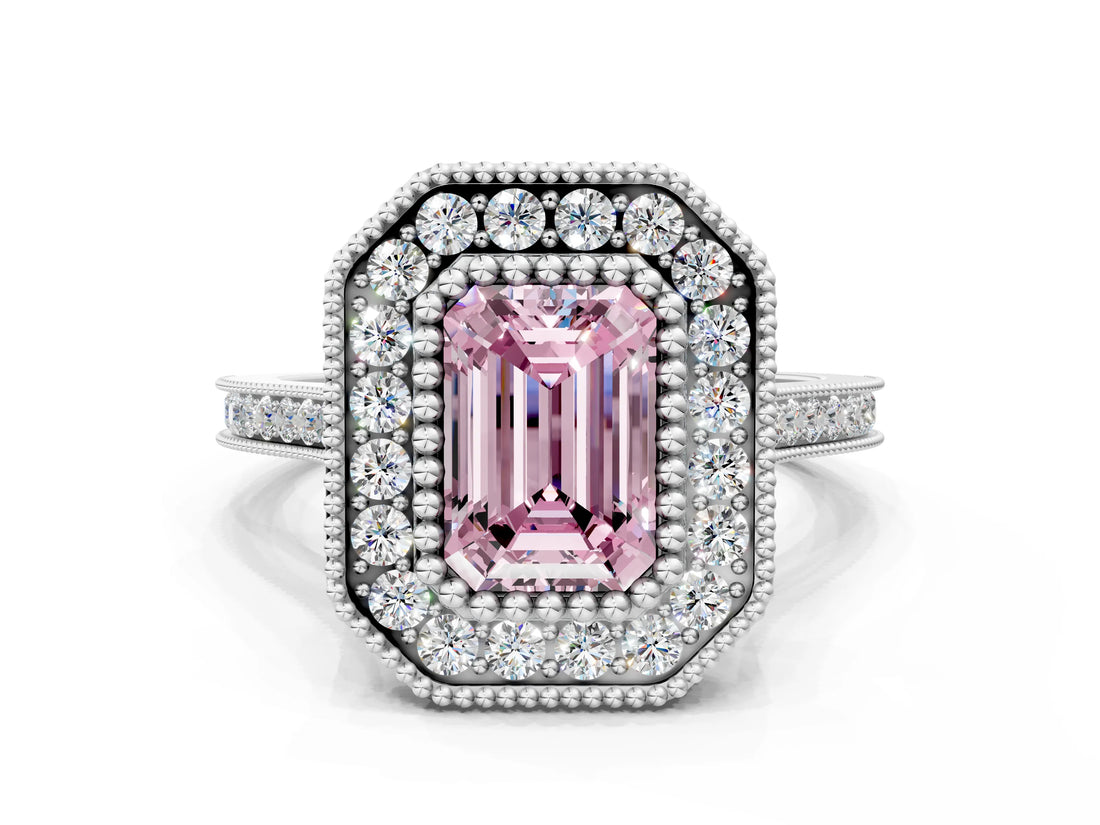 White gold Fancy Pink Emerald  Diamond Halo Ring with Milgrain Frame and Pavé Band_72