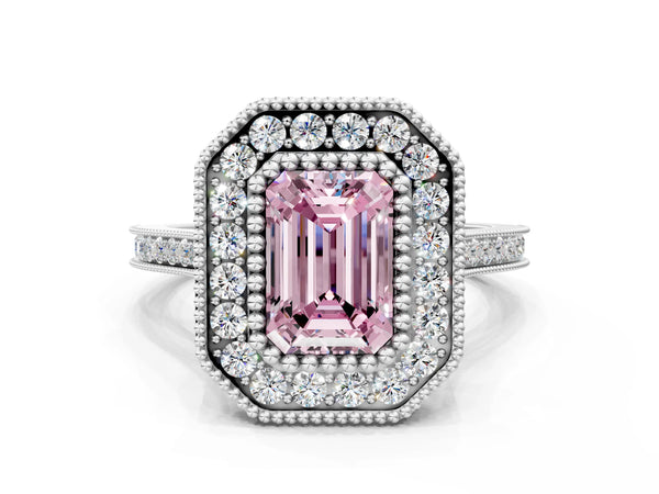 Platinum Fancy Pink Emerald  Diamond Halo Ring with Milgrain Frame and Pavé Band