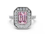 White gold Fancy Pink Emerald  Diamond Halo Ring with Milgrain Frame and Pavé Band_72