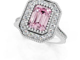 White gold Fancy Pink Emerald  Diamond Halo Ring with Milgrain Frame and Pavé Band_73