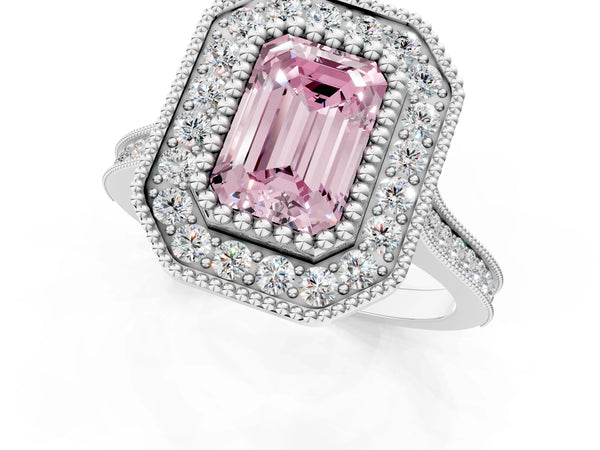 Platinum Fancy Pink Emerald  Diamond Halo Ring with Milgrain Frame and Pavé Band
