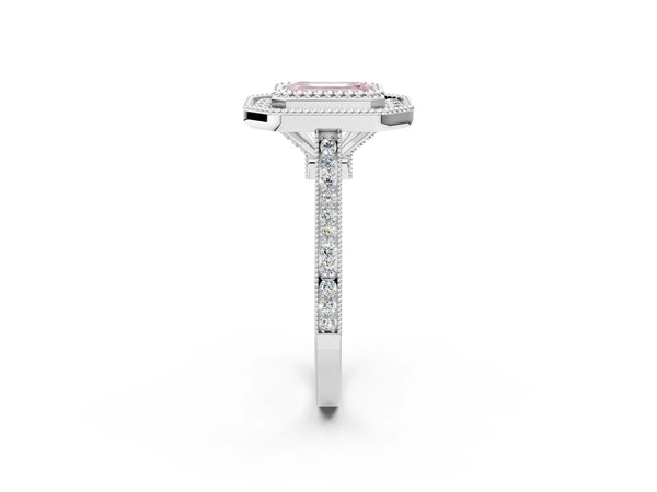 Platinum Fancy Pink Emerald  Diamond Halo Ring with Milgrain Frame and Pavé Band