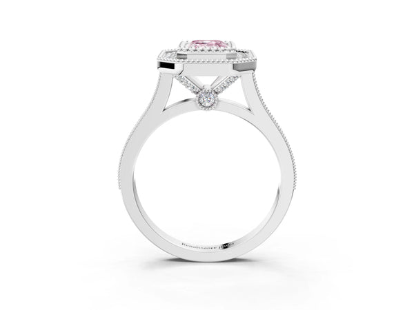 Platinum Fancy Pink Emerald  Diamond Halo Ring with Milgrain Frame and Pavé Band