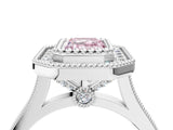 White gold Fancy Pink Emerald  Diamond Halo Ring with Milgrain Frame and Pavé Band_76