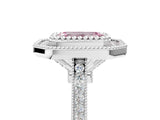 White gold Fancy Pink Emerald  Diamond Halo Ring with Milgrain Frame and Pavé Band_77