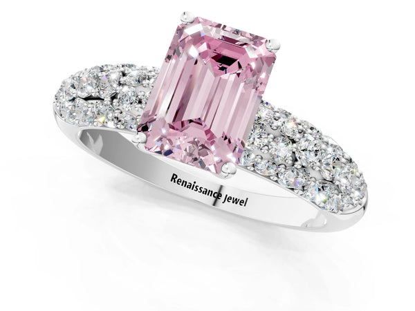White gold Fancy Pink Emerald  Diamond Pavé Band Solitaire Ring with Four-Prong Setting