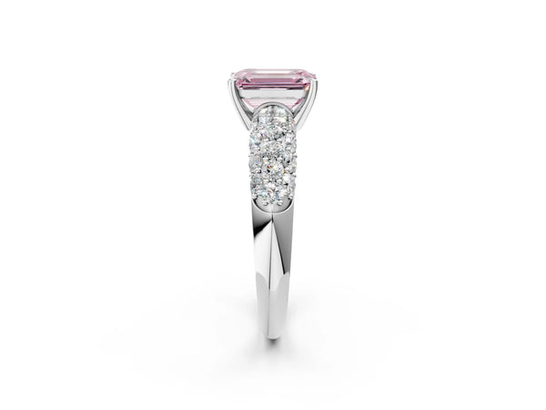 White gold Fancy Pink Emerald  Diamond Pavé Band Solitaire Ring with Four-Prong Setting