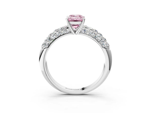 White gold Fancy Pink Emerald  Diamond Pavé Band Solitaire Ring with Four-Prong Setting