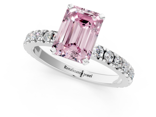 Platinum Fancy Pink Emerald  Diamond Pavé Band Solitaire with Four-Prong Setting