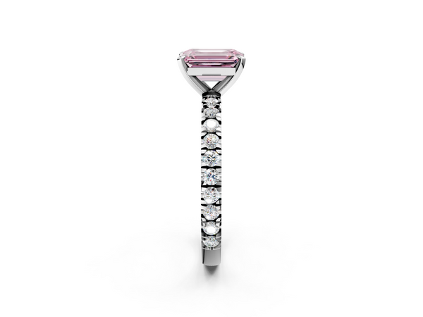 Platinum Fancy Pink Emerald  Diamond Pavé Band Solitaire with Four-Prong Setting