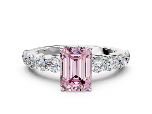 Platinum Fancy Pink Emerald  Diamond Solitaire Ring with Shared Prong Round Side Stones