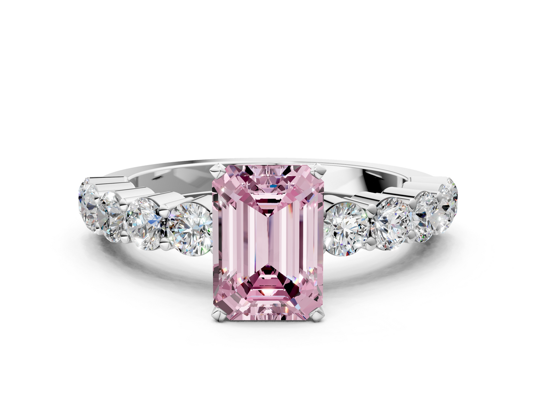 White gold Fancy Pink Emerald  Diamond Pavé Band Solitaire with Four-Prong Setting_3