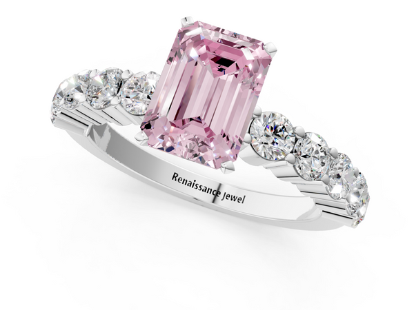 Platinum Fancy Pink Emerald  Diamond Solitaire Ring with Shared Prong Round Side Stones