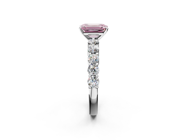 Platinum Fancy Pink Emerald  Diamond Solitaire Ring with Shared Prong Round Side Stones