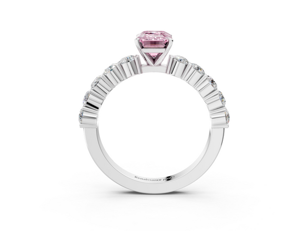 Platinum Fancy Pink Emerald  Diamond Solitaire Ring with Shared Prong Round Side Stones