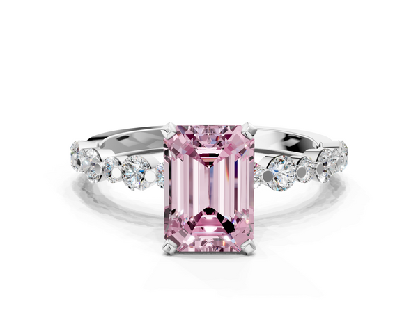 Platinum Fancy Pink Emerald Cut Diamond Prong Set Engagement Ring with Pavé Band