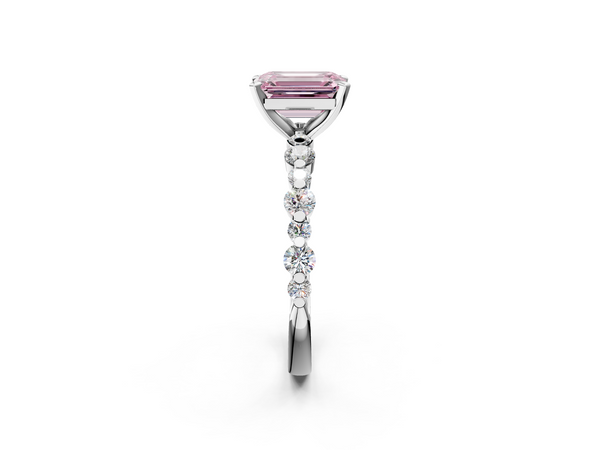 Platinum Fancy Pink Emerald Cut Diamond Prong Set Engagement Ring with Pavé Band