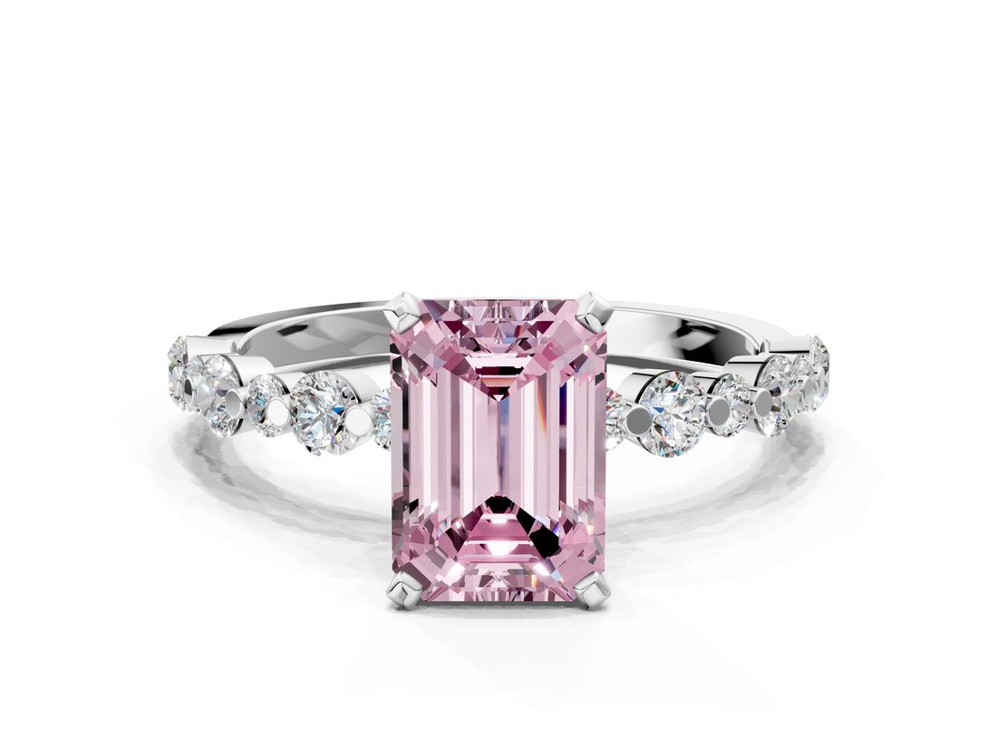 White gold Fancy Pink Emerald  Diamond Prong Set Engagement Ring with Pave Band_234