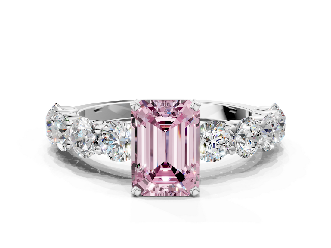 White gold Fancy Pink Emerald  Diamond Prong Setting with Side Stones on a Pave Band_146