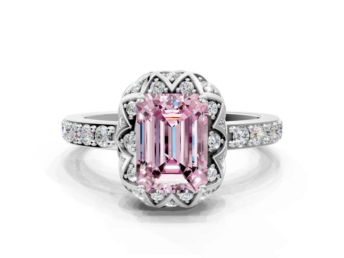 White gold Fancy Pink Emerald  Diamond Solitaire Ring with Shared Prong Pavé Band_66