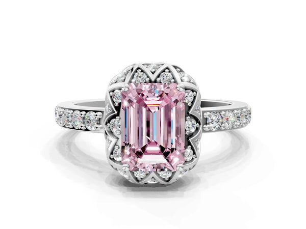 Platinum Fancy Pink Emerald  Diamond Solitaire Ring with Shared Prong Pavé Band