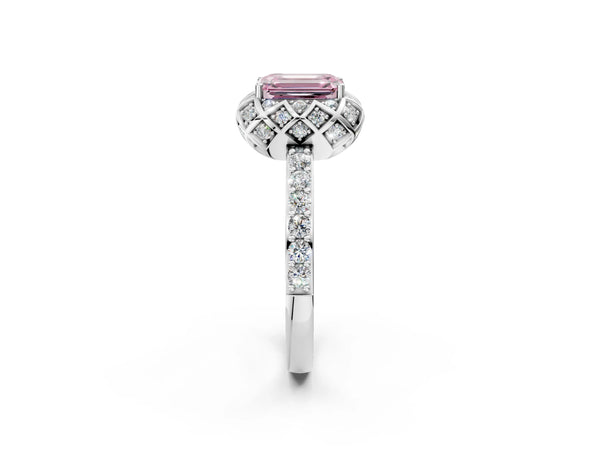 Platinum Fancy Pink Emerald  Diamond Solitaire Ring with Shared Prong Pavé Band