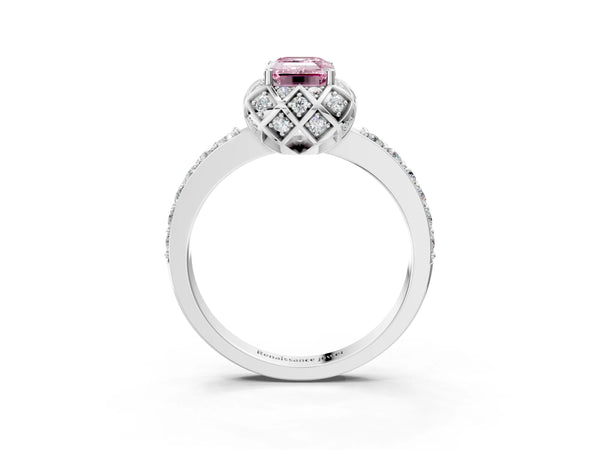 Platinum Fancy Pink Emerald  Diamond Solitaire Ring with Shared Prong Pavé Band