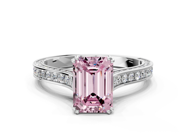 White gold Fancy Pink Emerald  Diamond Solitaire with Pave Band and Six-Prong Setting