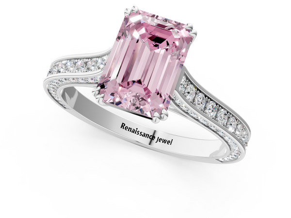 White gold Fancy Pink Emerald  Diamond Solitaire with Pave Band and Six-Prong Setting
