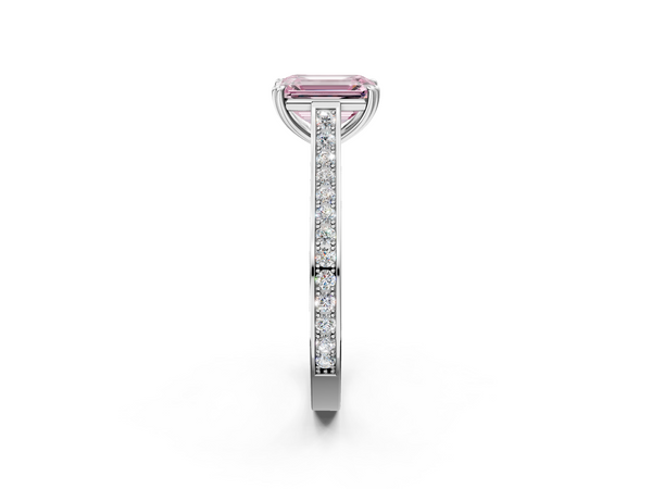 White gold Fancy Pink Emerald  Diamond Solitaire with Pave Band and Six-Prong Setting