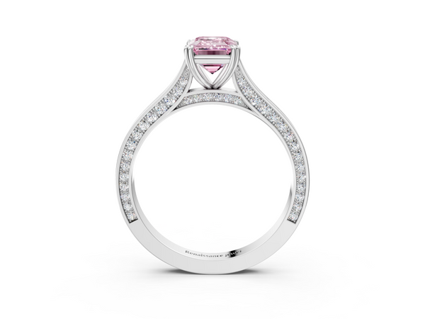 White gold Fancy Pink Emerald  Diamond Solitaire with Pave Band and Six-Prong Setting