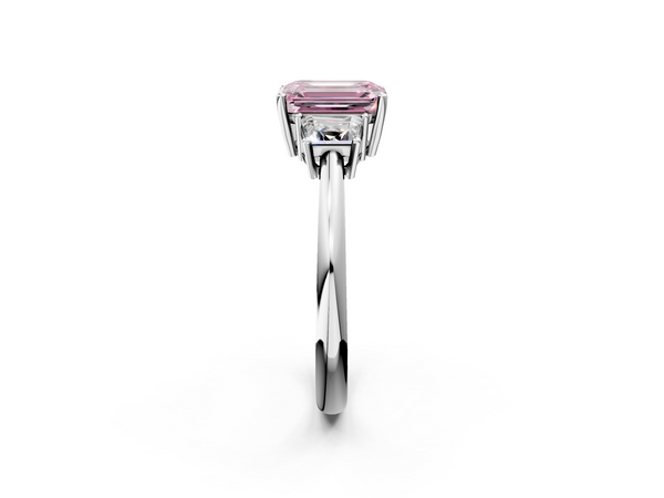 Platinum Emerald Cut Three Stone Engagement Ring Setting for Fancy Pink Center with Trapezoid Side Stones and Prong Head