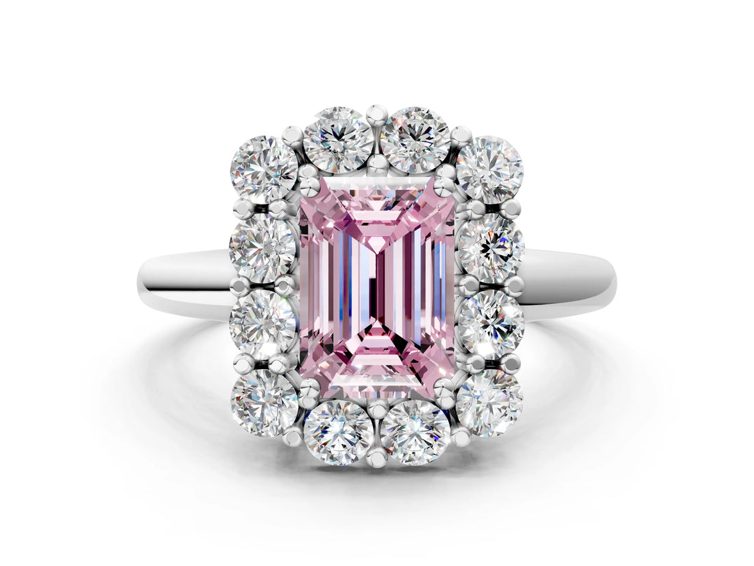 White gold Fancy Pink Emerald  Halo Cluster Diamond Engagement Ring with Prong Setting and Polished Band_20