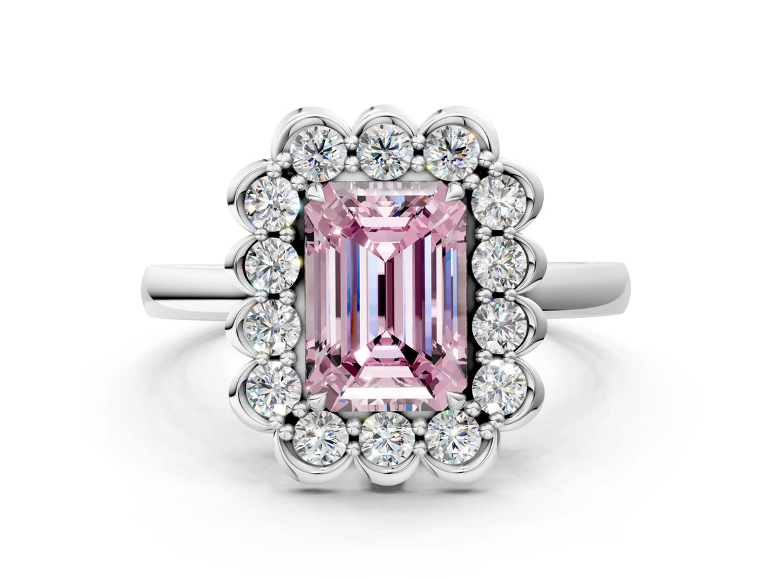 White gold Fancy Pink Emerald  Halo Cluster Diamond Engagement Ring with Solitaire Band and Prong Setting_49