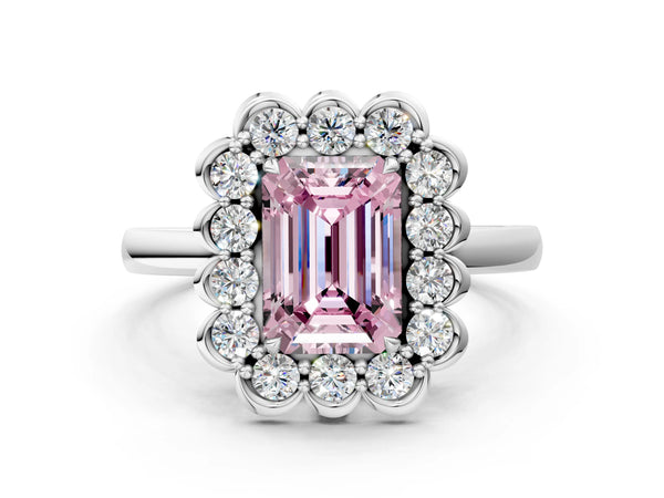 White gold Fancy Pink Emerald  Halo Cluster Diamond Engagement Ring with Solitaire Band and Prong Setting