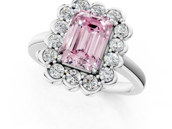 White gold Fancy Pink Emerald  Halo Cluster Diamond Engagement Ring with Solitaire Band and Prong Setting
