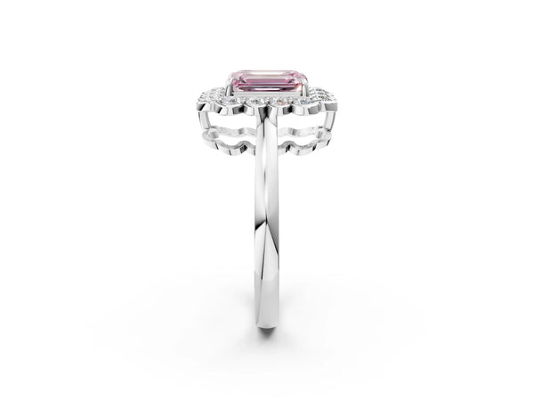 White gold Fancy Pink Emerald  Halo Cluster Diamond Engagement Ring with Solitaire Band and Prong Setting