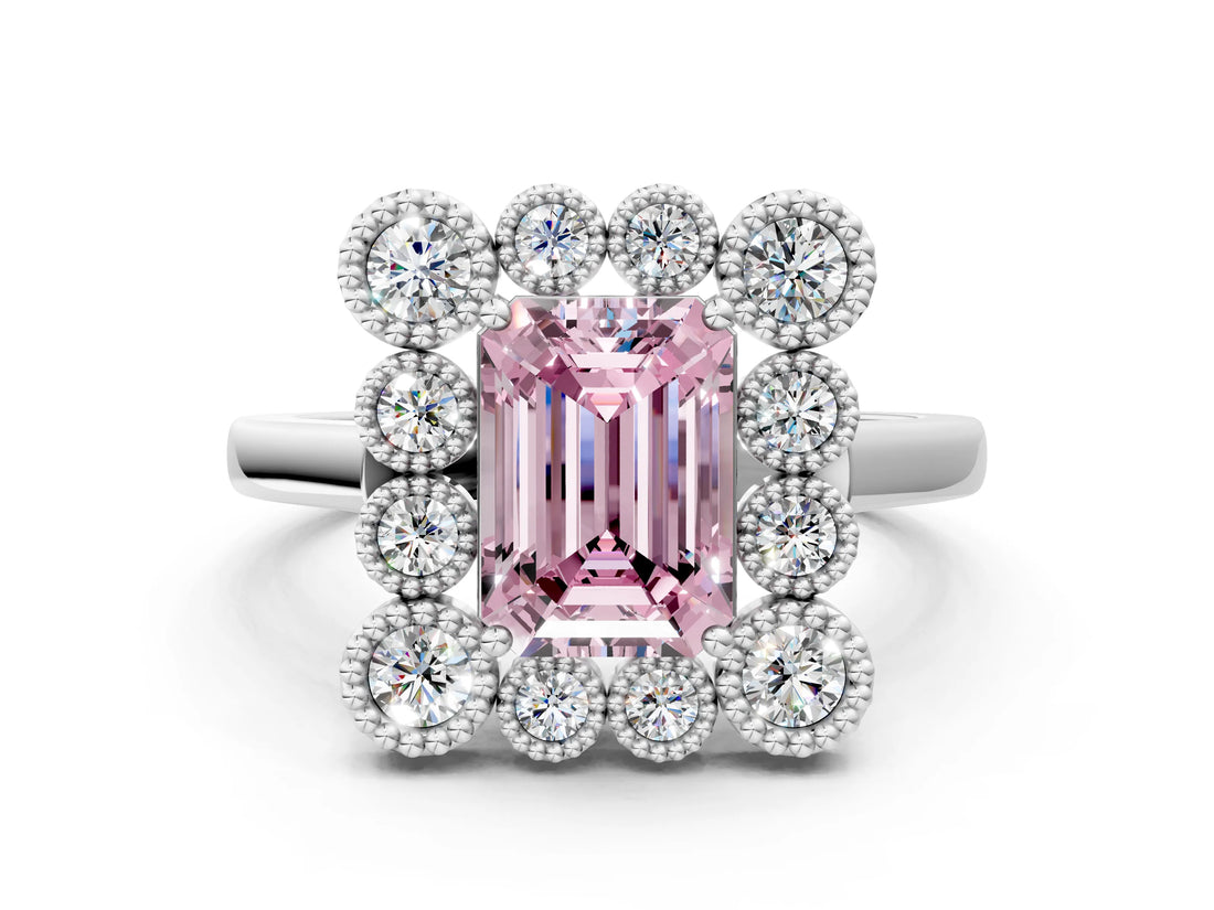 White gold Fancy Pink Emerald  Halo Diamond Cluster Engagement Ring with Milgrain Bezel Setting and Solitaire Band_27