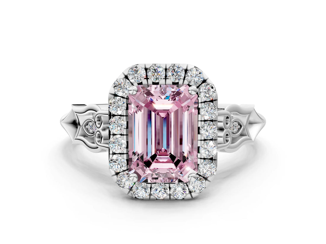 White gold Fancy Pink Emerald  Halo Diamond Engagement Ring with Filigree Band and Four-Prong Setting_105
