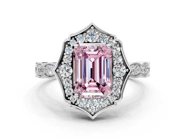 Platinum Fancy Pink Emerald  Halo Diamond Engagement Ring with Milgrain Band and Four-Prong Setting