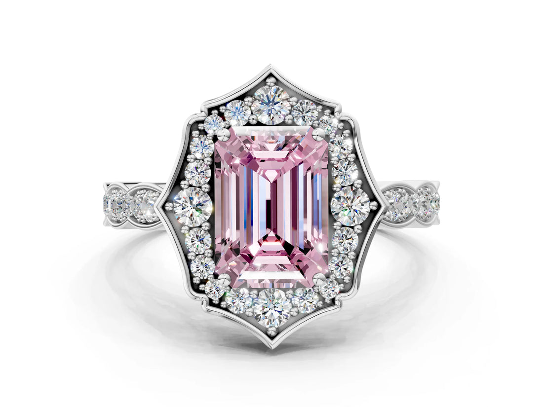 White gold Fancy Pink Emerald  Halo Diamond Engagement Ring with Milgrain Band and Four-Prong Setting_49