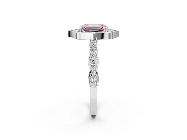 Platinum Fancy Pink Emerald  Halo Diamond Engagement Ring with Milgrain Band and Four-Prong Setting