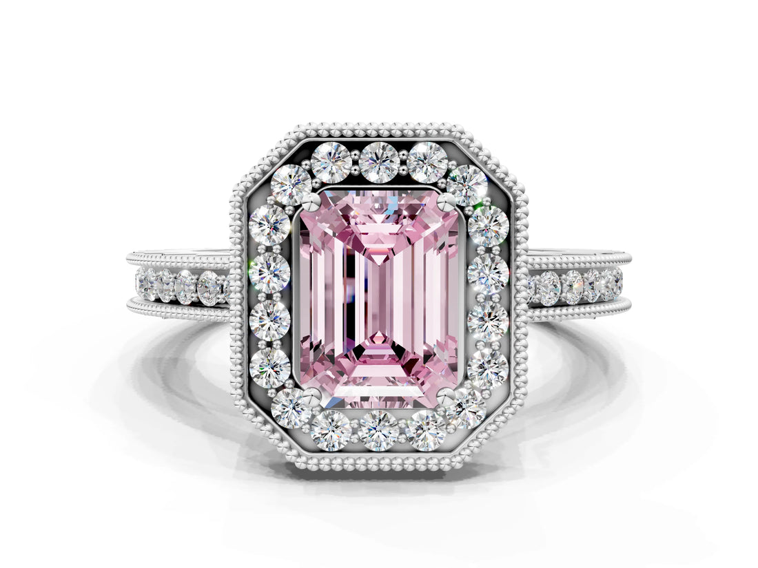 White gold Fancy Pink Emerald  Halo Diamond Engagement Ring with Milgrain Pave Band and Four-Prong Setting_68