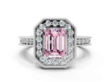 White gold Fancy Pink Emerald  Halo Diamond Engagement Ring with Milgrain Pave Band and Four-Prong Setting_70