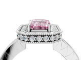 White gold Fancy Pink Emerald  Halo Diamond Engagement Ring with Milgrain Pave Band and Four-Prong Setting_78