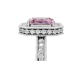 White gold Fancy Pink Emerald  Halo Diamond Engagement Ring with Milgrain Pave Band and Four-Prong Setting_79