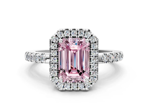 White gold Fancy Pink Emerald  Halo Diamond Engagement Ring with Pavé Band and Four-Prong Setting