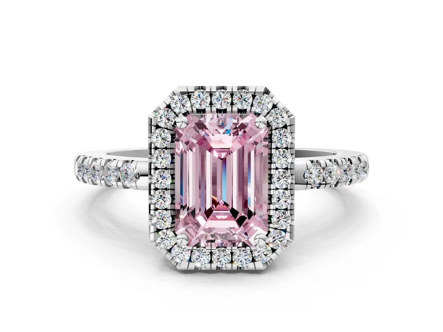 White gold Fancy Pink Emerald  Halo Diamond Engagement Ring with Pavé Band and Four-Prong Setting