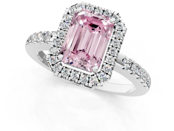 White gold Fancy Pink Emerald  Halo Diamond Engagement Ring with Pavé Band and Four-Prong Setting